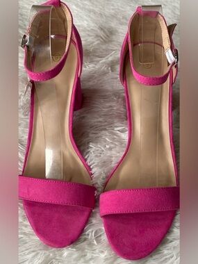 New hot pink Suede block heel open toe ankle wrapped strap casual sandals